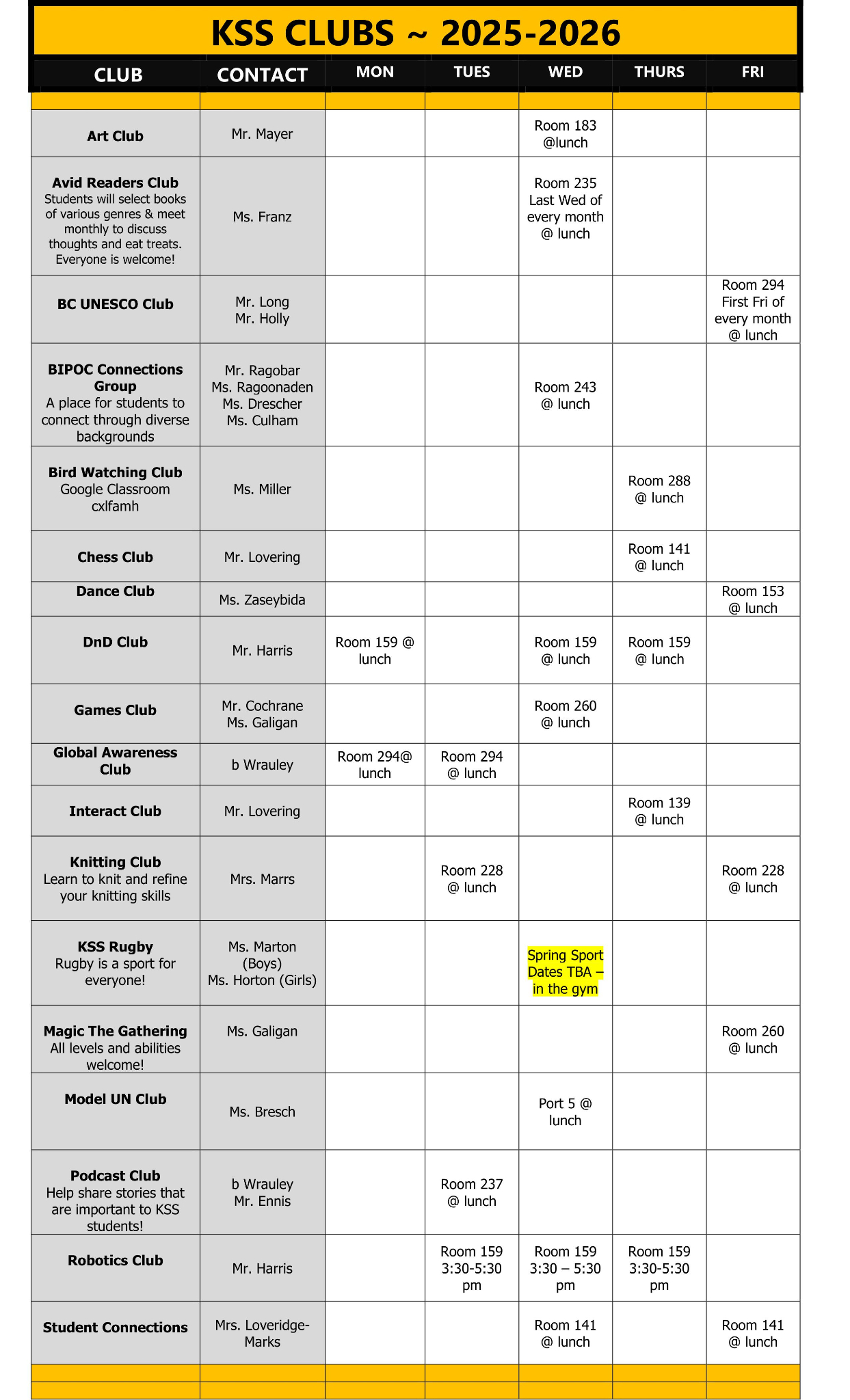 KSS CLUBS 2025 2026 DEC